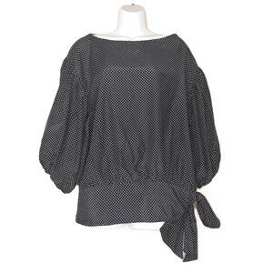 Voom by Joy Han Polka Dot Blouse S Puff Sleeve Tie Waist Boat Neckline Oversized